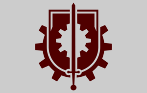 Flag of the Northwestern Brotherhood. Grey background. Centered is an emblem in red, made of a shield with it's own gear emblem, surrounded by a gear. Overlaid on this shield is a red sword.