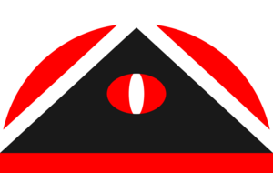 Flag of the Arapaho-Rawlins Federation. On a white background is a black pyramid. In the center of the pyramid is a red oval with a white oval crossing vertically, resembling an eye. On the bottom is a red bar. To the sides of the pyramid are two circular arcs, filled with a straight line forming a single edge on each of these shapes.